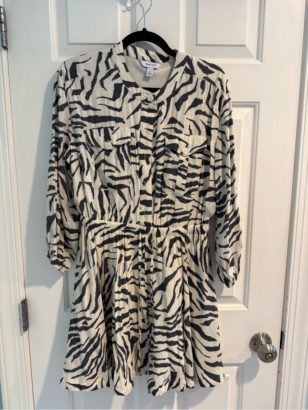 Nine West Zebra Print Tiered Shirt Dress Medium Safari Animal Print